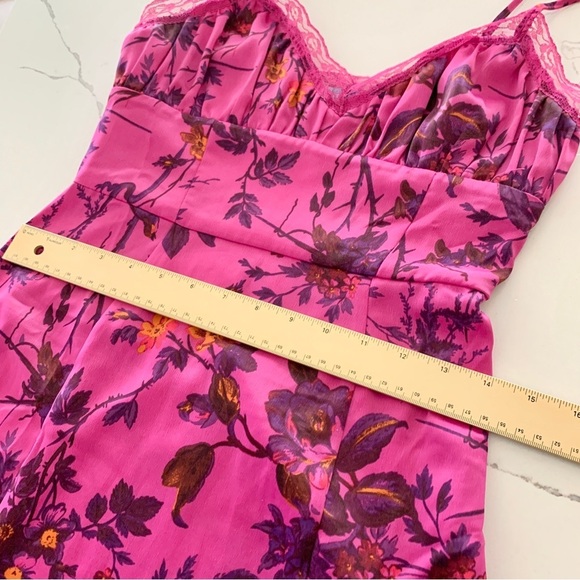 UO Purple Magenta Floral Tropical Print Satin Midi Side Slit Slip Dress - Picture 12 of 16